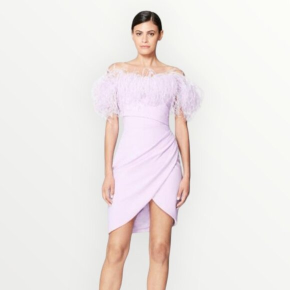 Pamella Roland Off The Shoulder Crepe Dress w/ Ostrich Feather Trim Lilac - Picture 1 of 14